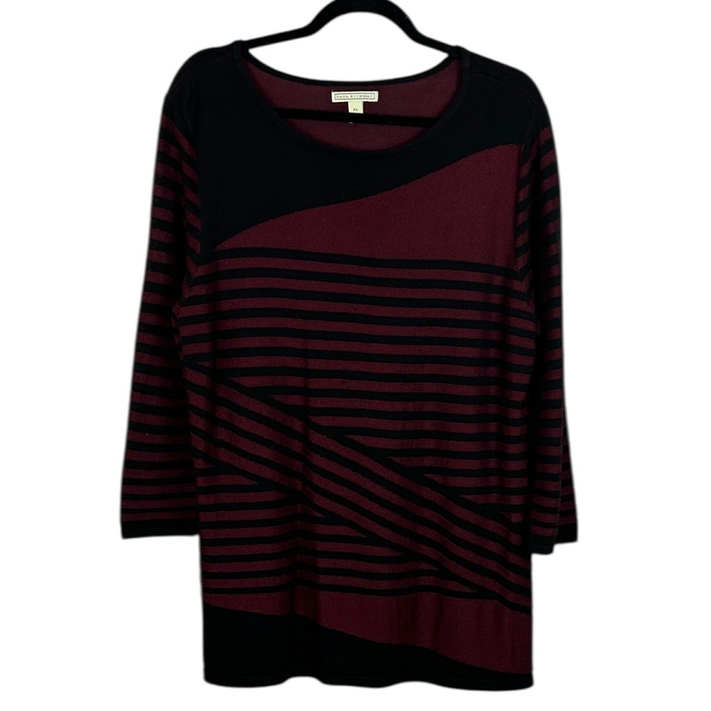 Dana Buchman Classic Striped Cotton Blend Knit Tunic Top XL Burgundy Black